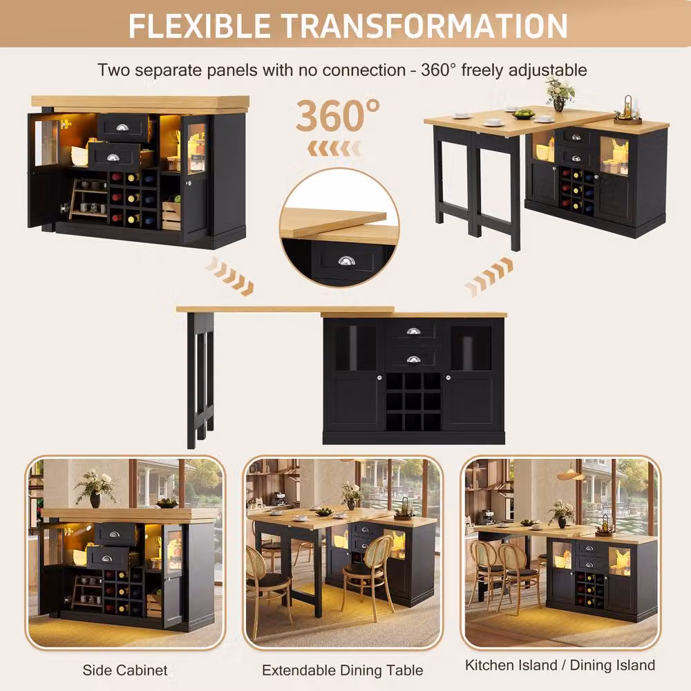 Merax Extendable Kitchen Island with Swivel Breakfast Bar and Wine Storage in Black, W: 120 cm, H: 73.5 cm – 6