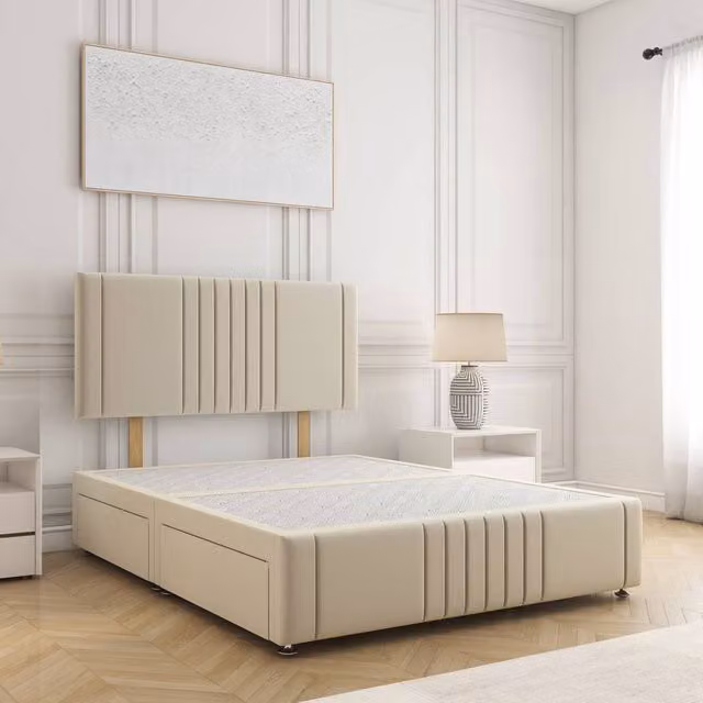 BSSPOKE Hazel Small Double Divan Bed with 24 inch Headboard and 2 Drawers in Cream Plush Velvet, W/D/H: 120 x 200 x 30.48 cm