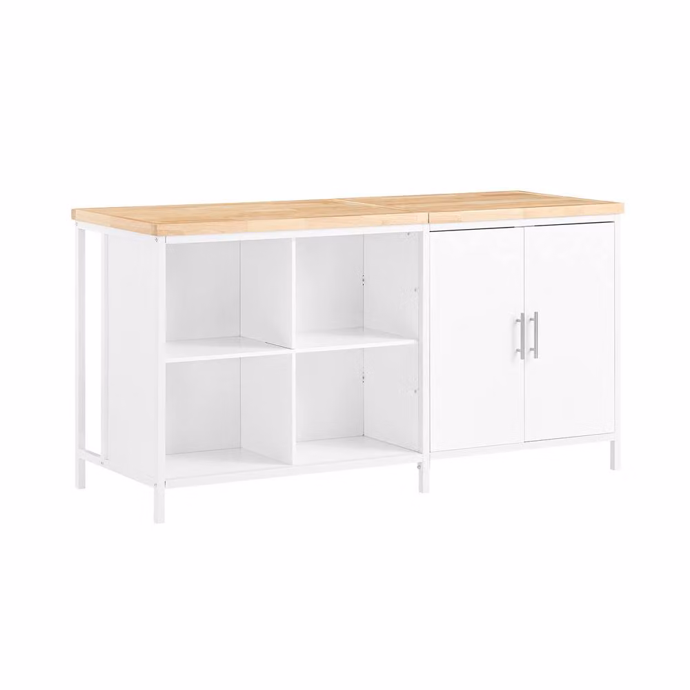 SoBuy Mobile Kitchen Island in White with Natural Wood Top and Country House Style – 2
