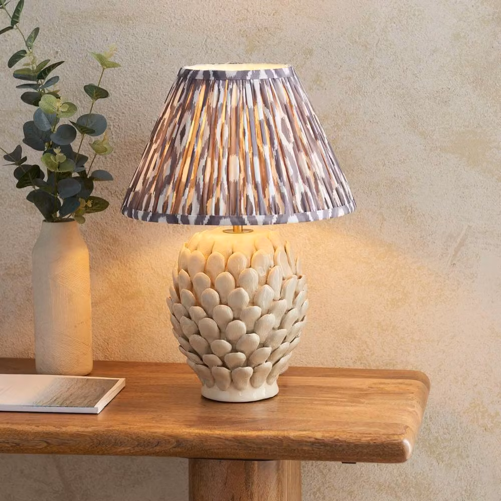 Netlighting Layered Leaf Ivory Table Lamp with Grey Fabric Ikat Shade and Gold/Brass Base, Diameter: 30 cm – 2