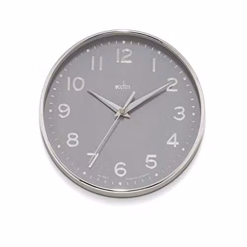 Acctim Rand Quartz Analog Wall Clock with Chromed Silver Metal Case and Grey Embossed Arabic Dial, Diameter: 20 cm
