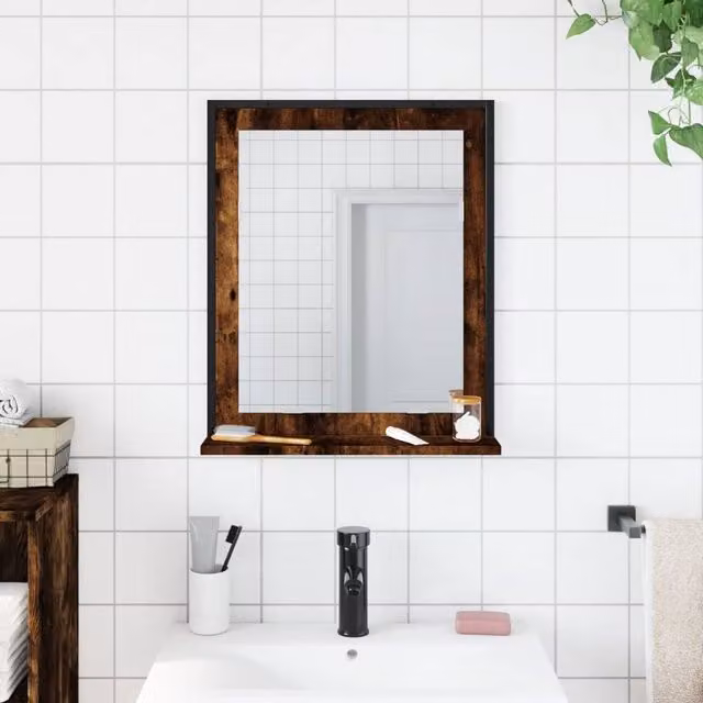 Berkfield Home Sturdy Bathroom Mirror with Shelf in Smoked Oak Brown, W/D/H: 50 x 12 x 60 cm