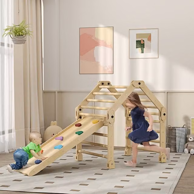 AIYAPLAY 3 in 1 Kids Climbing Set with Ramp, Multicolour Wood Foldable Design