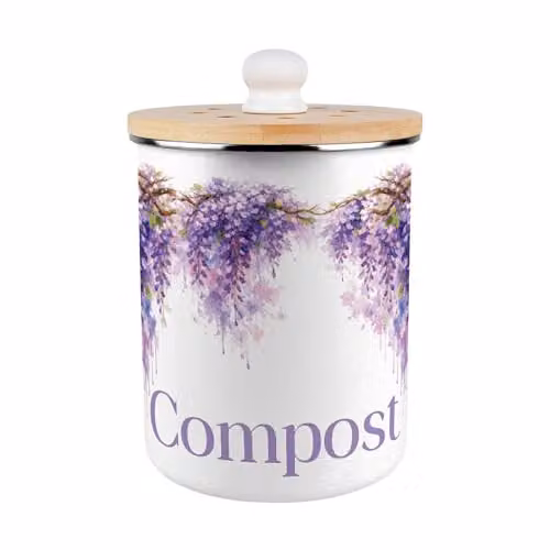 Purely Home Purple and White Wisteria Compost Caddy with Removable Inner Bucket and Odour Filter, W/D/H: 22.5 x 16.5 x 22.5 cm