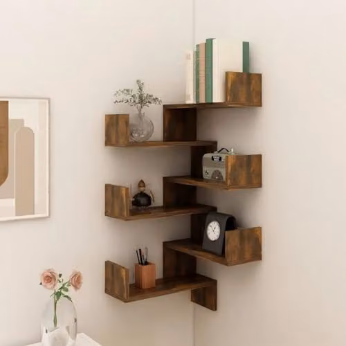 vidaXL Set of 2 Modern Wall Mounted Corner Shelves in Smoked Oak, W/D/H: 40 x 40 x 50 cm – 2