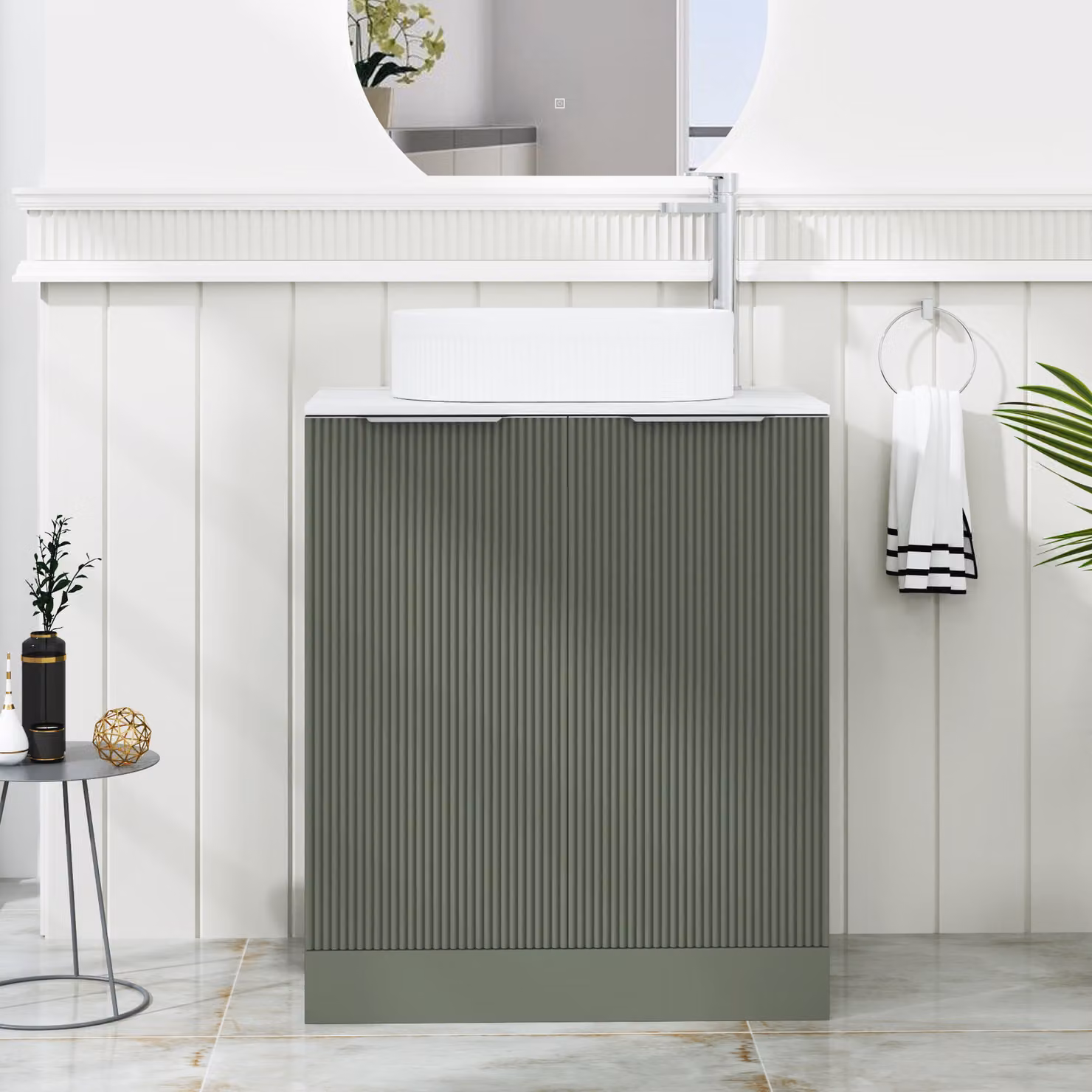 Royal Bathrooms Evora Sage Green Fluted Floor Standing 2 Door Vanity Unit with Lyon Stone Basin, Width: 70 cm