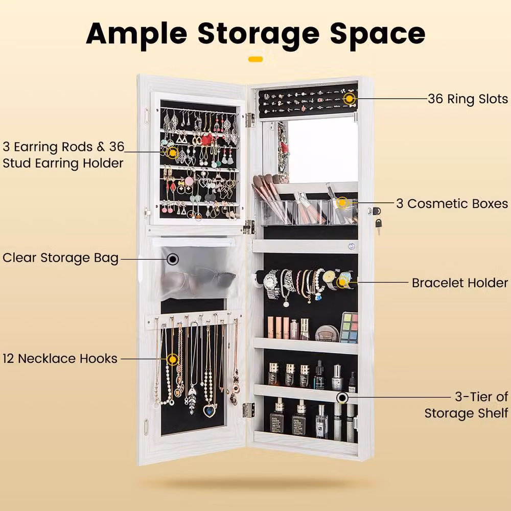 Costway Lockable Jewelry Mirror Cabinet with LED Lighting in White, Height: 108 cm – 3