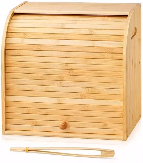 Havendro 2 Tier Bamboo Roll Top Bread Bin with Compartments, Brown, W: 37.0 cm, D: 38.0 cm