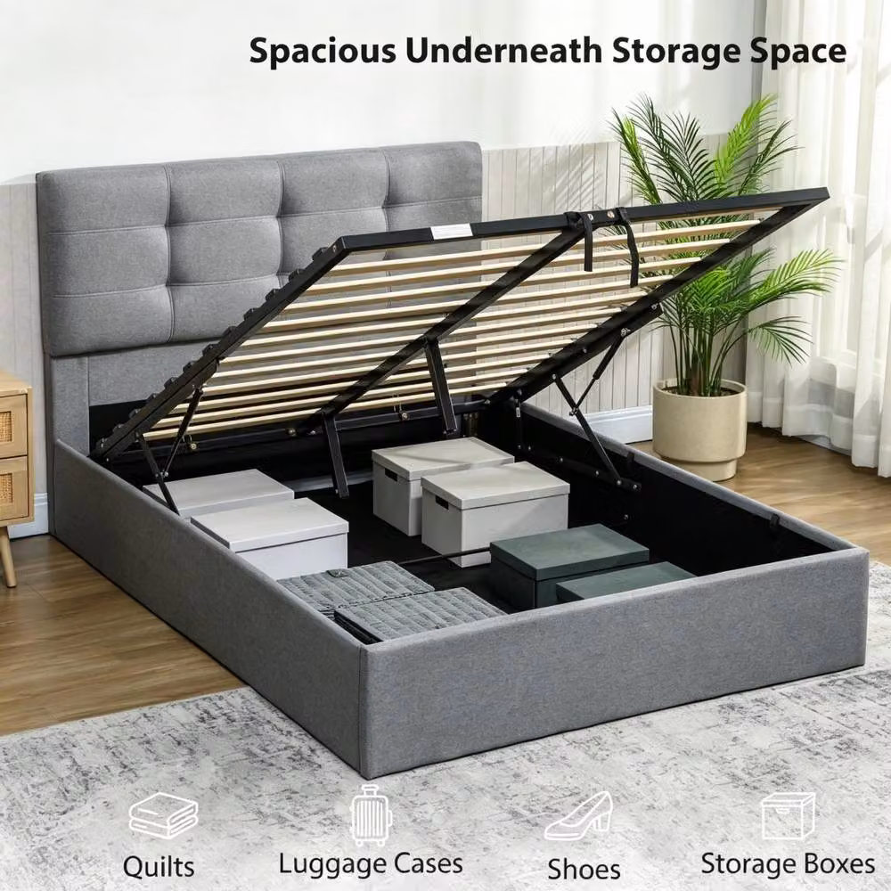 STILVORA Double Ottoman Bed with Storage in Grey Linen, W/D/H: 140 x 190 x 136 cm – 6