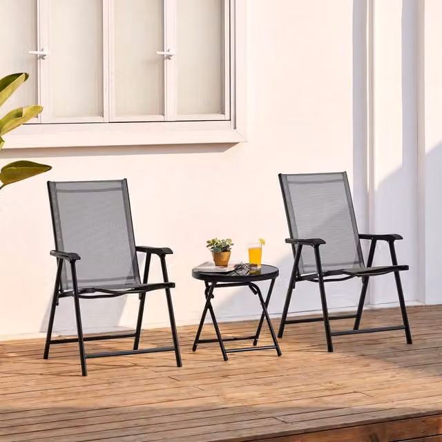 Yaheetech 3-Piece Folding Outdoor Garden Furniture Set with Round Glass Table and Chairs in Black and Grey