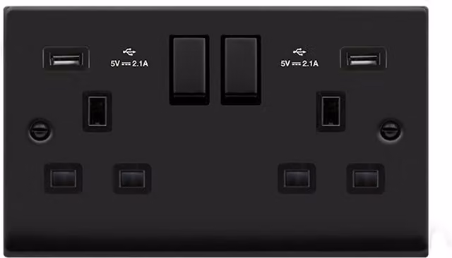 SE HOME Black 2 Gang 13A DP Ingot 2 USB Twin Double Switched Surface Plug Socket