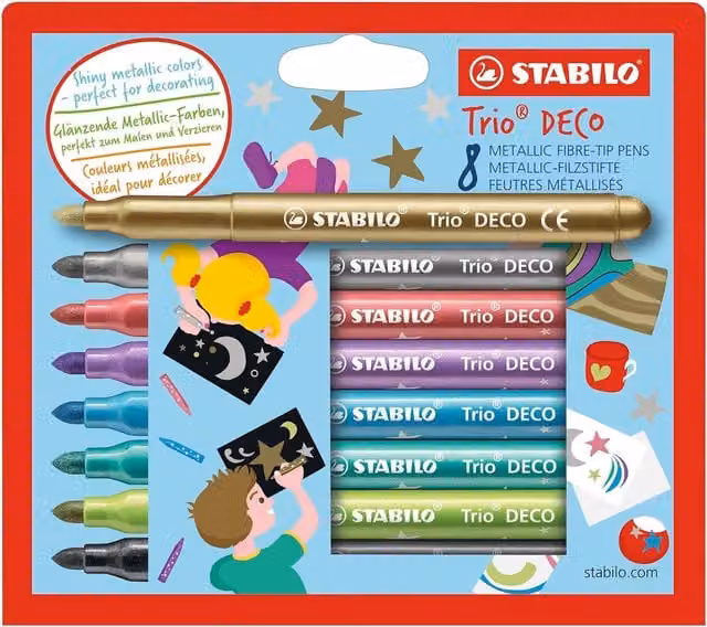 STABILO Trio Deco Metallic Felt-Tip Pens, 8 Pack, Multi-colour and Gold
