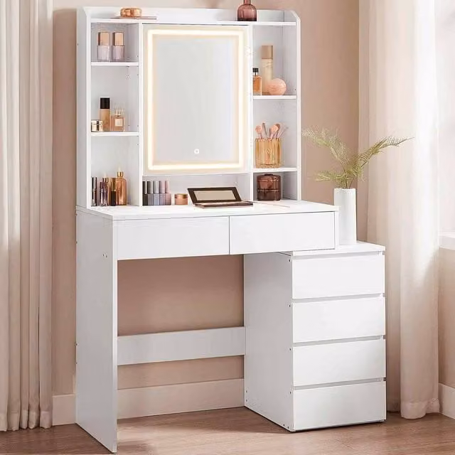The Bazaarist Modern White Vanity Table with Hollywood LED Mirror and Storage Shelves