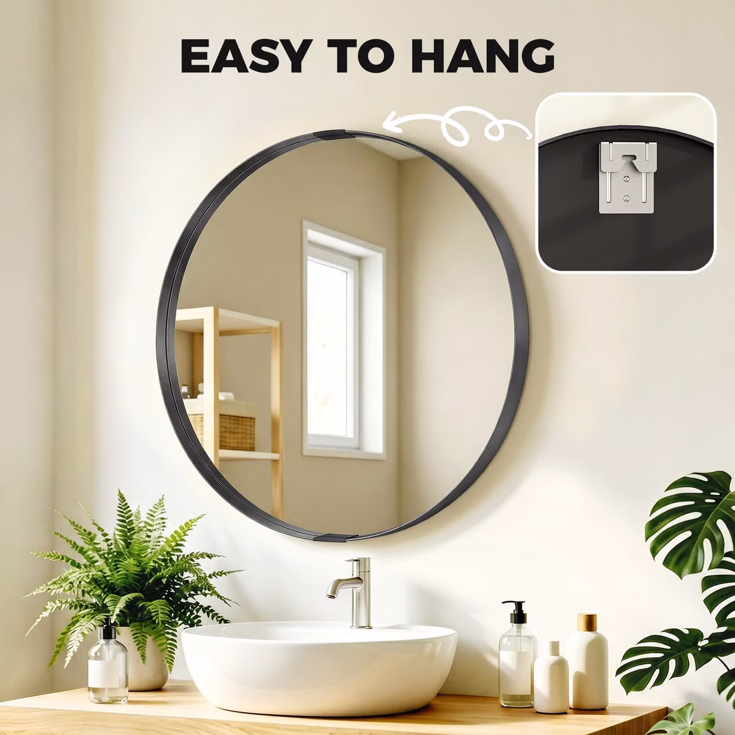 HOMCOM Round Wall Mounted Bathroom Mirror with Tempered Safety Glass and Aluminium Alloy Frame, Black, Diameter: 61 cm – 3
