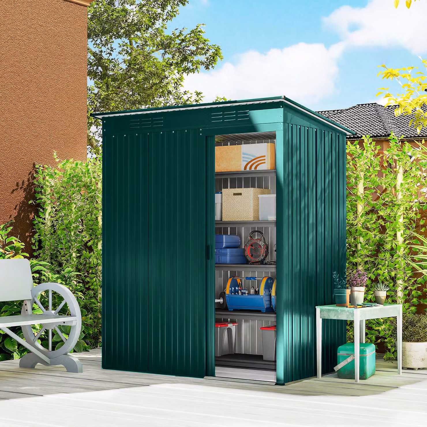 Outsunny Green Metal Garden Storage Shed with Sliding Doors and Side Vent, W/D/H: 152.4 x 106.7 x 181 cm – 2