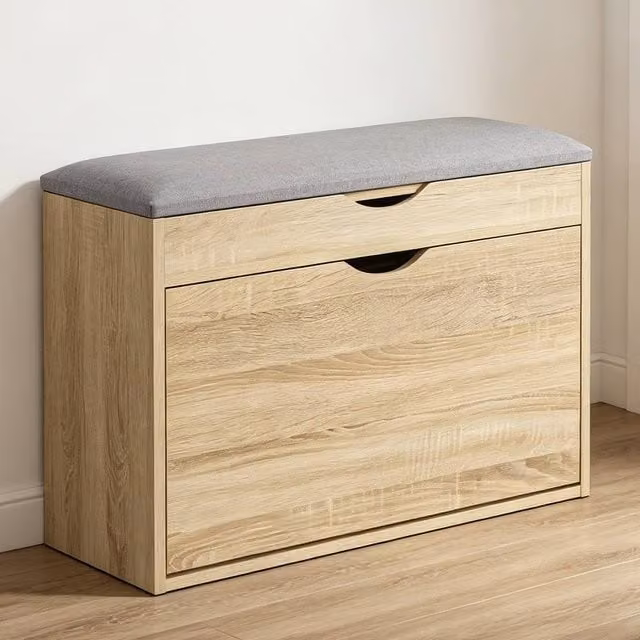 ERGOVEXA Natural Wood Flip-Up Shoe Storage Bench with Fabric Cushion Seat – 1