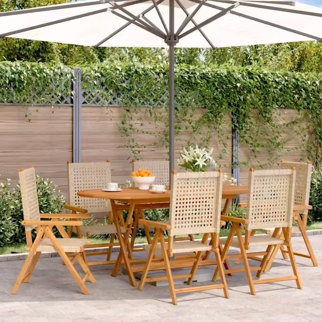 Berkfield Home Set of 6 Reclining Garden Chairs in Beige Poly Rattan with Acacia Solid Wood Frame – 1