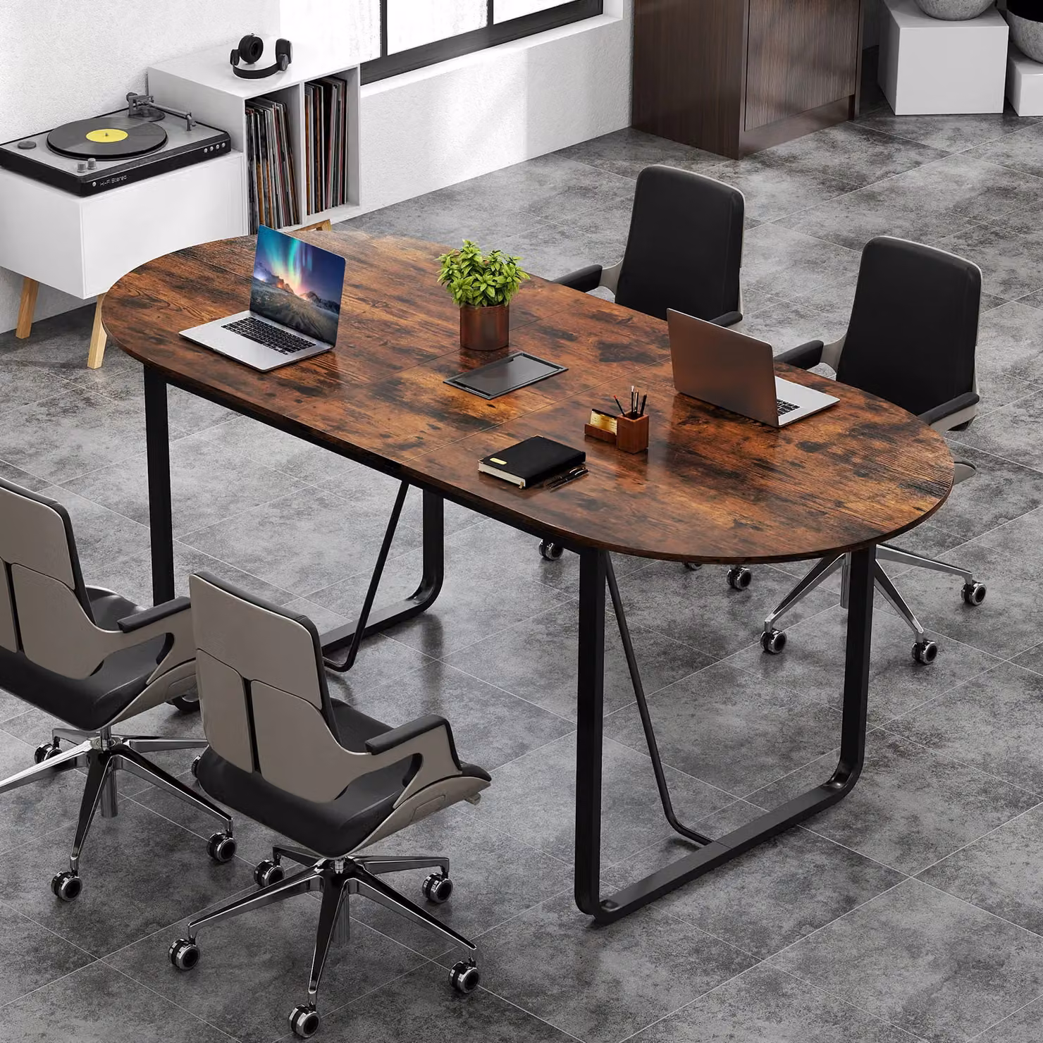 Gymax Oval Executive Home Office Table with Metal Sled Base, Brown – 4