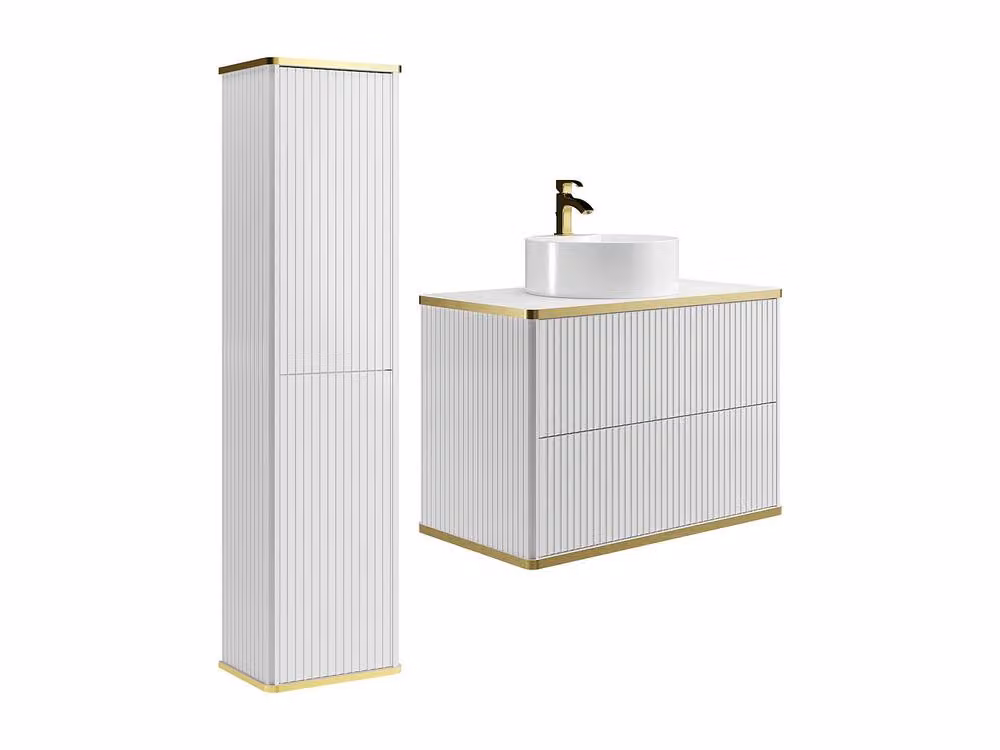 Vente-unique Striped Wall-Hung Bathroom Vanity Unit with Round Countertop Basin in White and Gold – 2