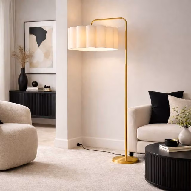 CGC Lighting Kyra Brushed Gold Angled Floor Lamp with Large Scalloped White Fabric Lampshade