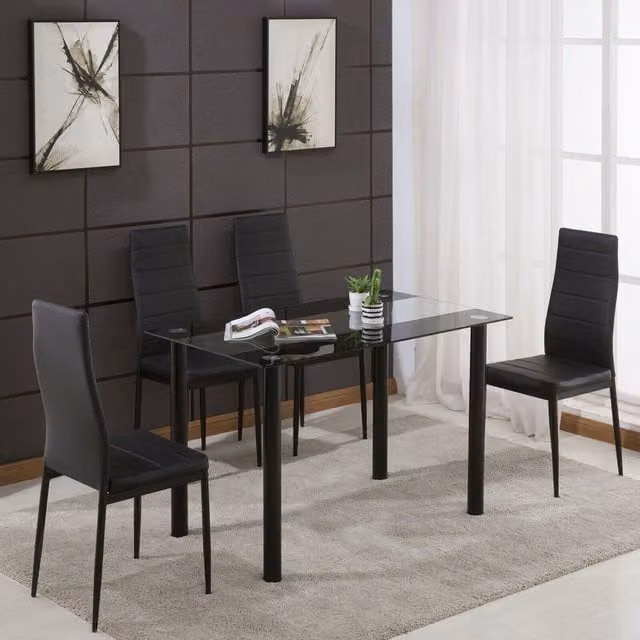 Kosy Koala Modern Rectangular Black Glass Dining Table with 4 Faux Leather Chairs