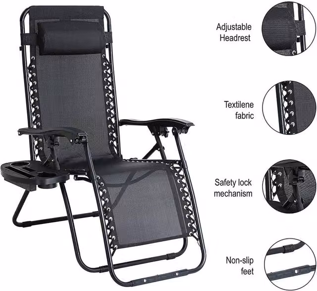 EONLION Zero Gravity Reclining Sun Lounger in Black with Textilene Fabric and Powder Coated Steel Frame – 1