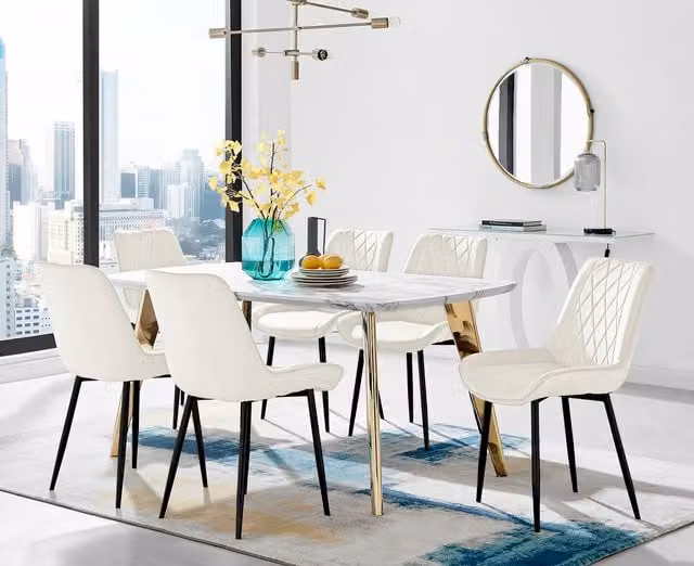 FurnitureboxUK Andria Gold Leg Marble Effect Dining Table and 6 Pesaro Black Leg Chairs in Cream
