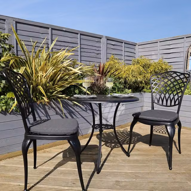Charles Bentley Cast Aluminium Bistro Table and 2 Chairs Set in Grey and Black