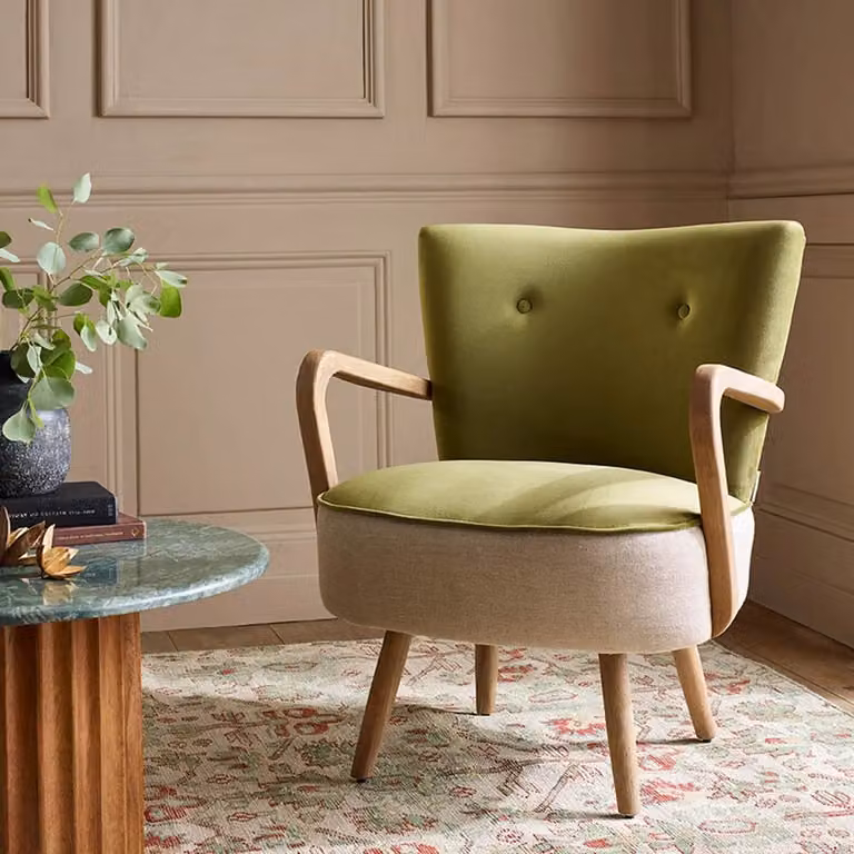 Atkin & Thyme Calvin Mid-Century Armchair in Green Velvet with Oak Wood Frame