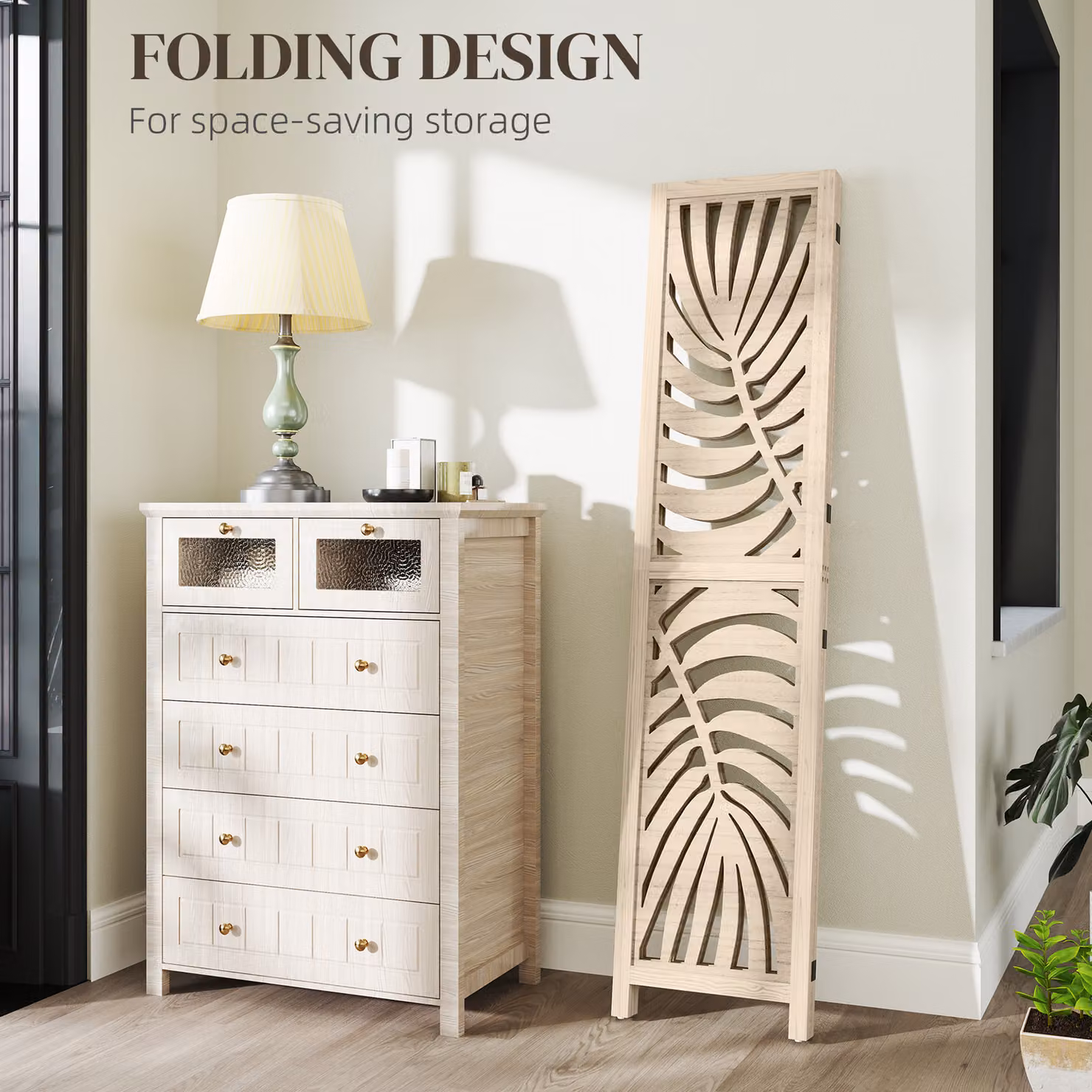 HOMCOM 3 Panel Room Divider with Palm Leaf Design in Natural Wood Finish, Brown, H 170 x W 120 cm – 2