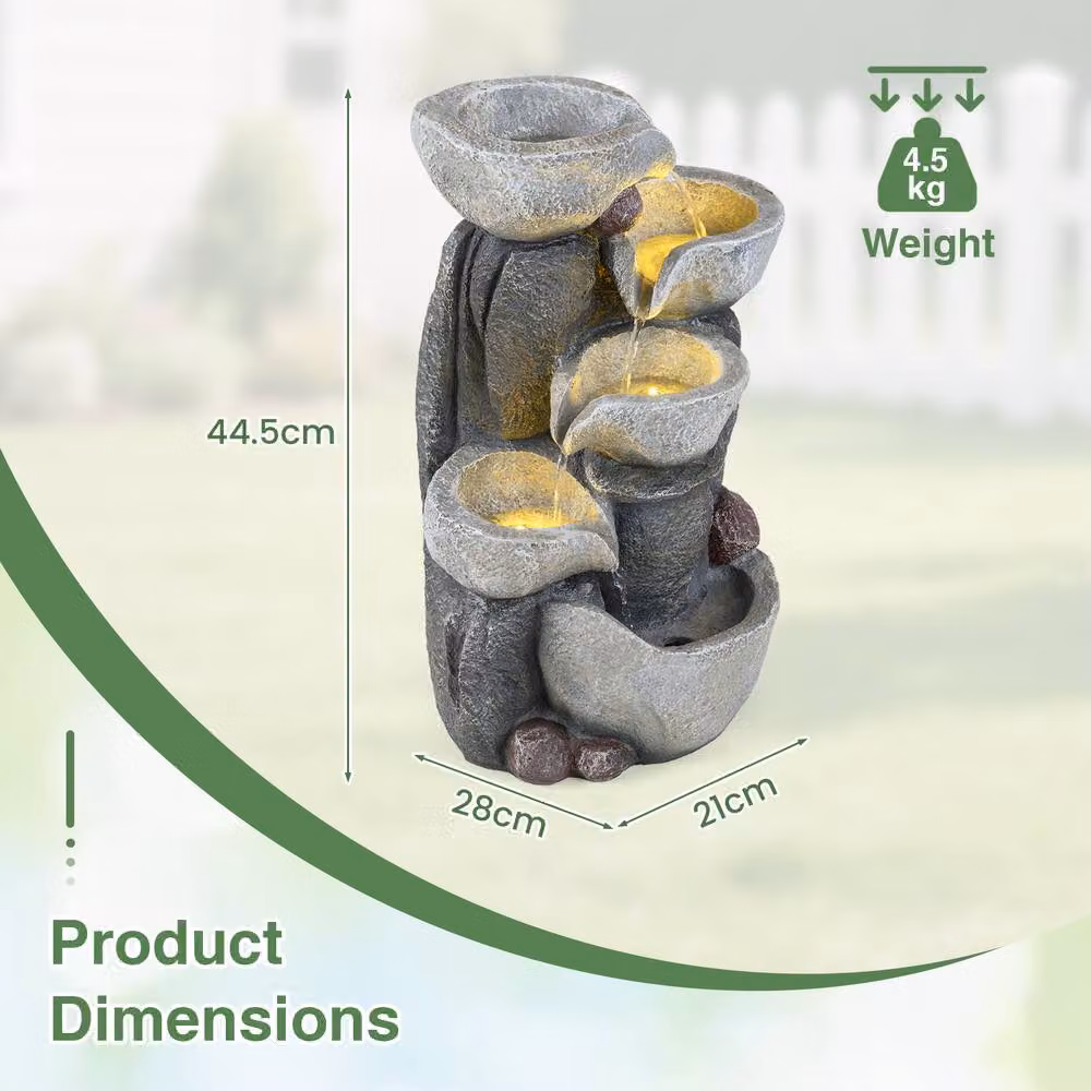 Gymax Grey Tabletop Outdoor Water Fountain with LED Lights and Cascading Round Bowl – 2