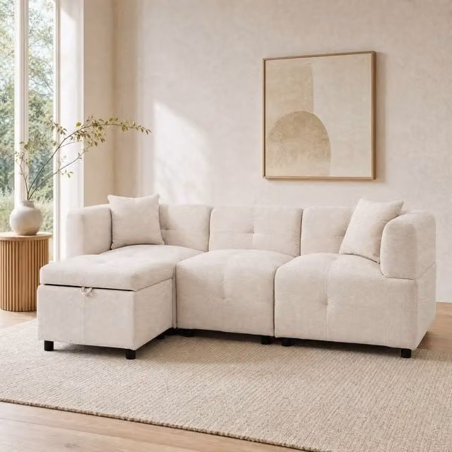 STILVORA Reversible 4-Seater L-Shape Corner Sofa in Beige with Matching Storage Ottoman and Scatter Cushions