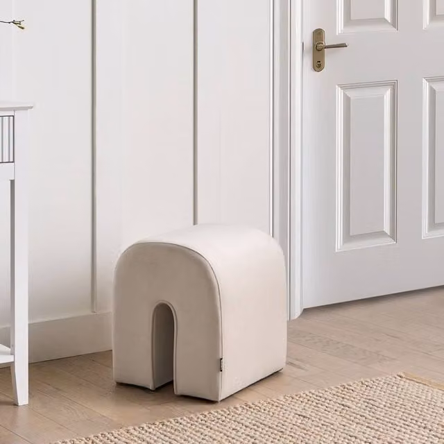Wyld and Coco Beige Velvet U-Shaped Pouffe Ottoman with Pine Core