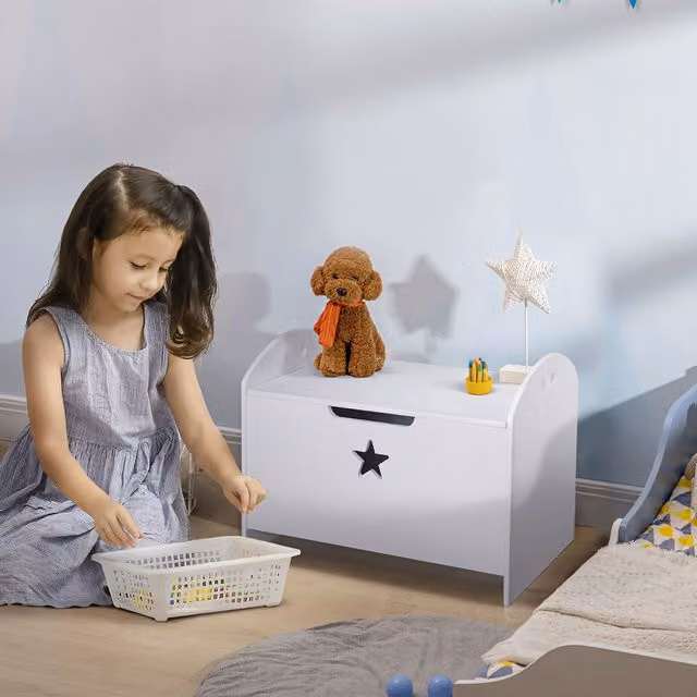 HOMCOM White Wooden Kids Toy Box Storage Organizer and Bedroom Bench