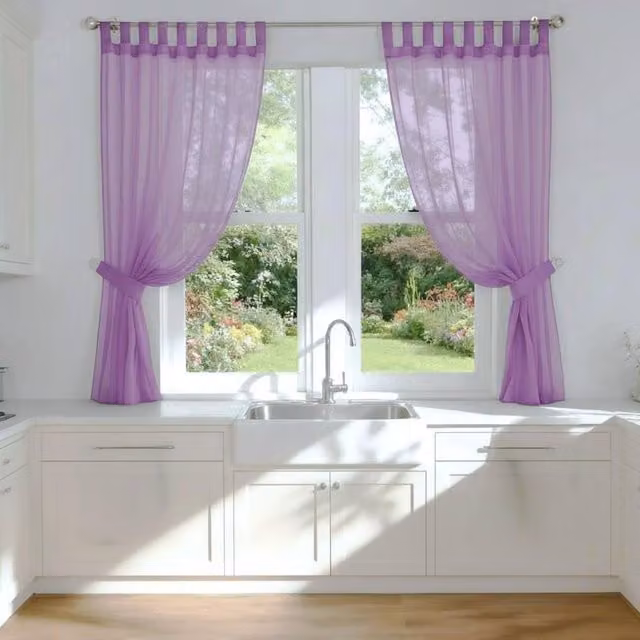 Luxury Living Voile Tab Top Sheer Curtain Pair with Crystal Tie Backs in Purple, Width: 145 cm, Drop: 183 cm – 1