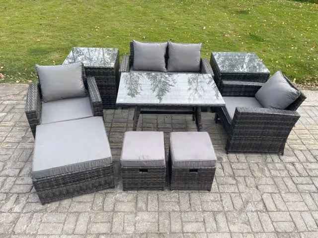 Fimous Rattan Wicker Garden Furniture Set in Dark Grey with Rectangular Dining Table, 2 Seater Sofa and Armchairs