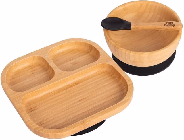 Tiny Dining 3-Piece Bamboo and Silicone Suction Feeding Set in Black and Brown – 1