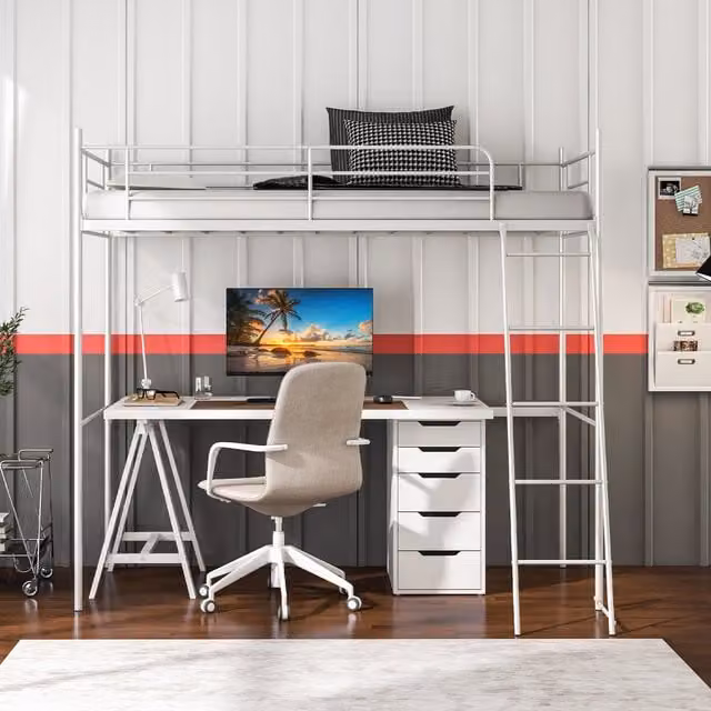 Costway Modern Single Metal Loft Bed Frame High Sleeper in White, 90 x 190 cm – 1