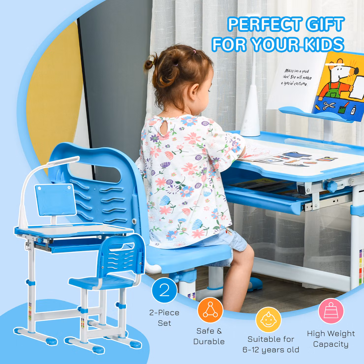 HOMCOM Blue Kids Study Desk and Chair Set with Adjustable Height and Tilting Top – 3