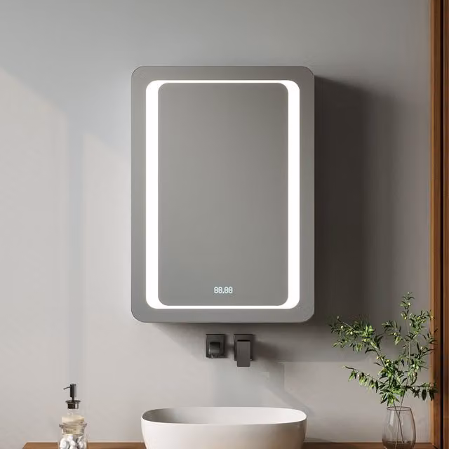 Livingandhome Modern Wall Mounted Bathroom Mirror Cabinet with Integrated LED Lighting in Silver