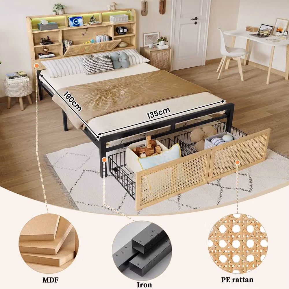 Rolipo Double Wooden Bed with LED Light, USB Charging Port and Storage Drawers in Natural Sand, W/D/H: 140 x 200 x 104.5 cm – 3
