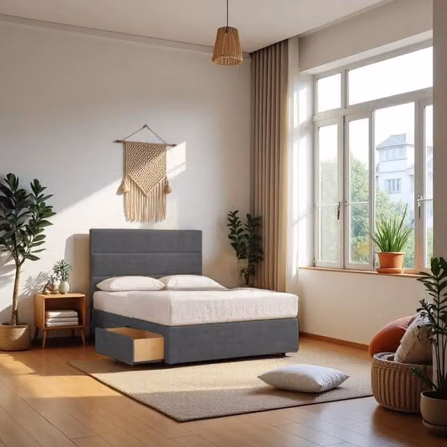 Knight Sleep York Plush Bed with Hybrid Mattress and 2 Drawers in Grey, W/D/H: 120 x 200 cm