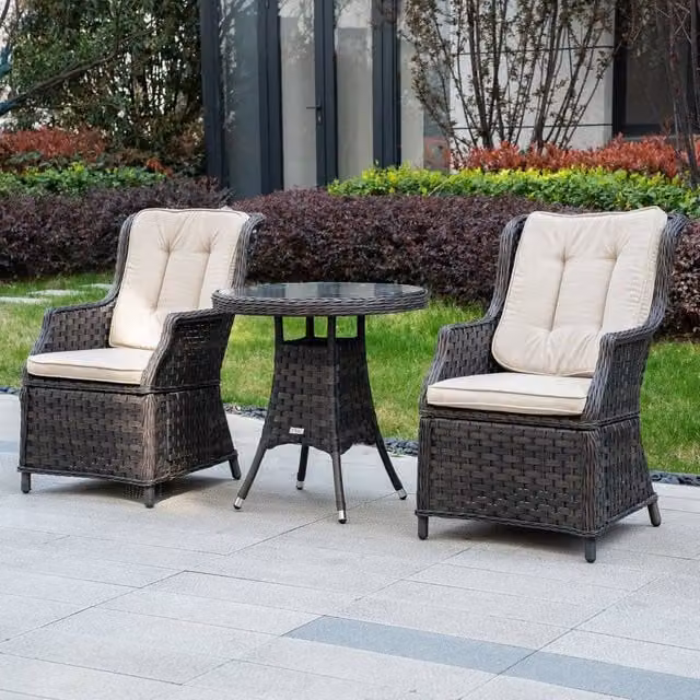 Direct Wicker Brown Rattan Bistro Set with Round Glass Top Table and 2 Armchairs