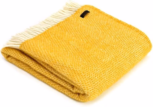 Tweedmill Beehive Yellow Wool Throw with Fringes and Geometric Pattern