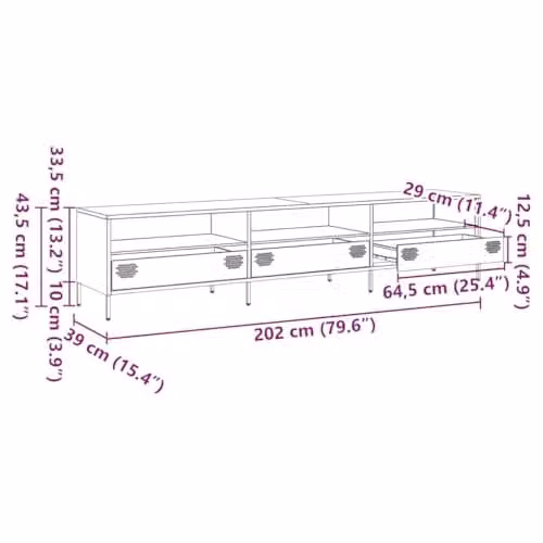 vidaXL Industrial Anthracite Metal TV Cabinet W: 202 cm, D: 39 cm, H: 43.5 cm