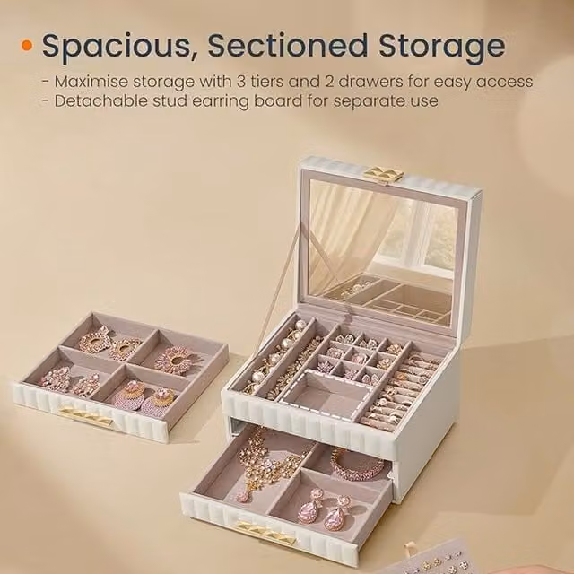 SONGMICS 3-Tier Jewellery Box with Mirror in White