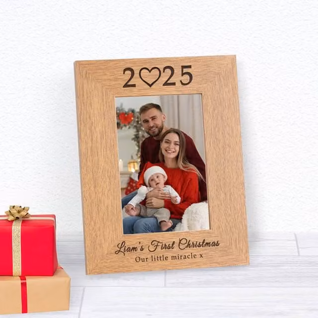 Uniqueful Personalised Baby's First Christmas Wood Picture Frame, Brown, W/H: 15.2 x 10.2 cm