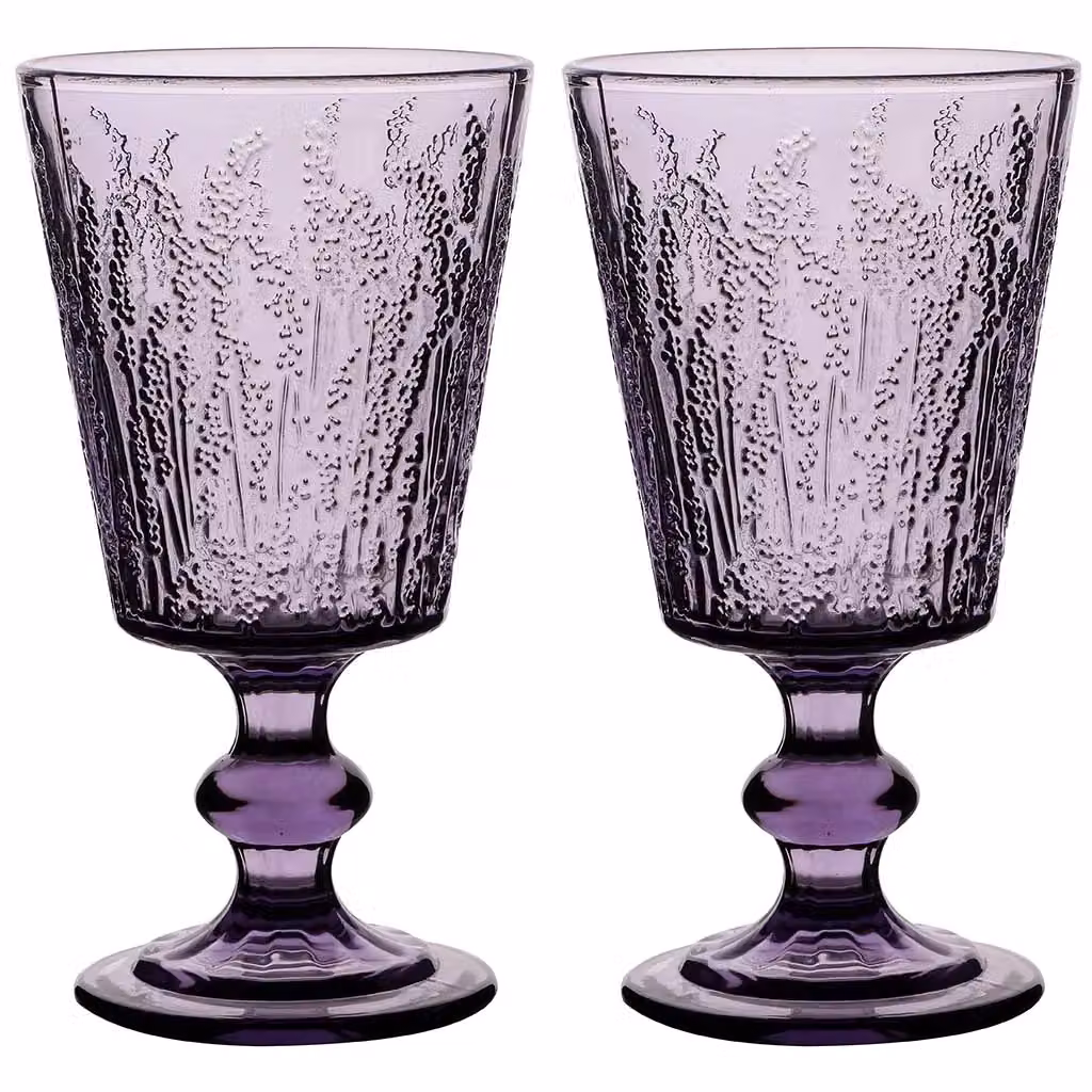 Dibor Set of 2 Purple Floral Embossed Glass Wine Goblets, 300ml per glass – 2