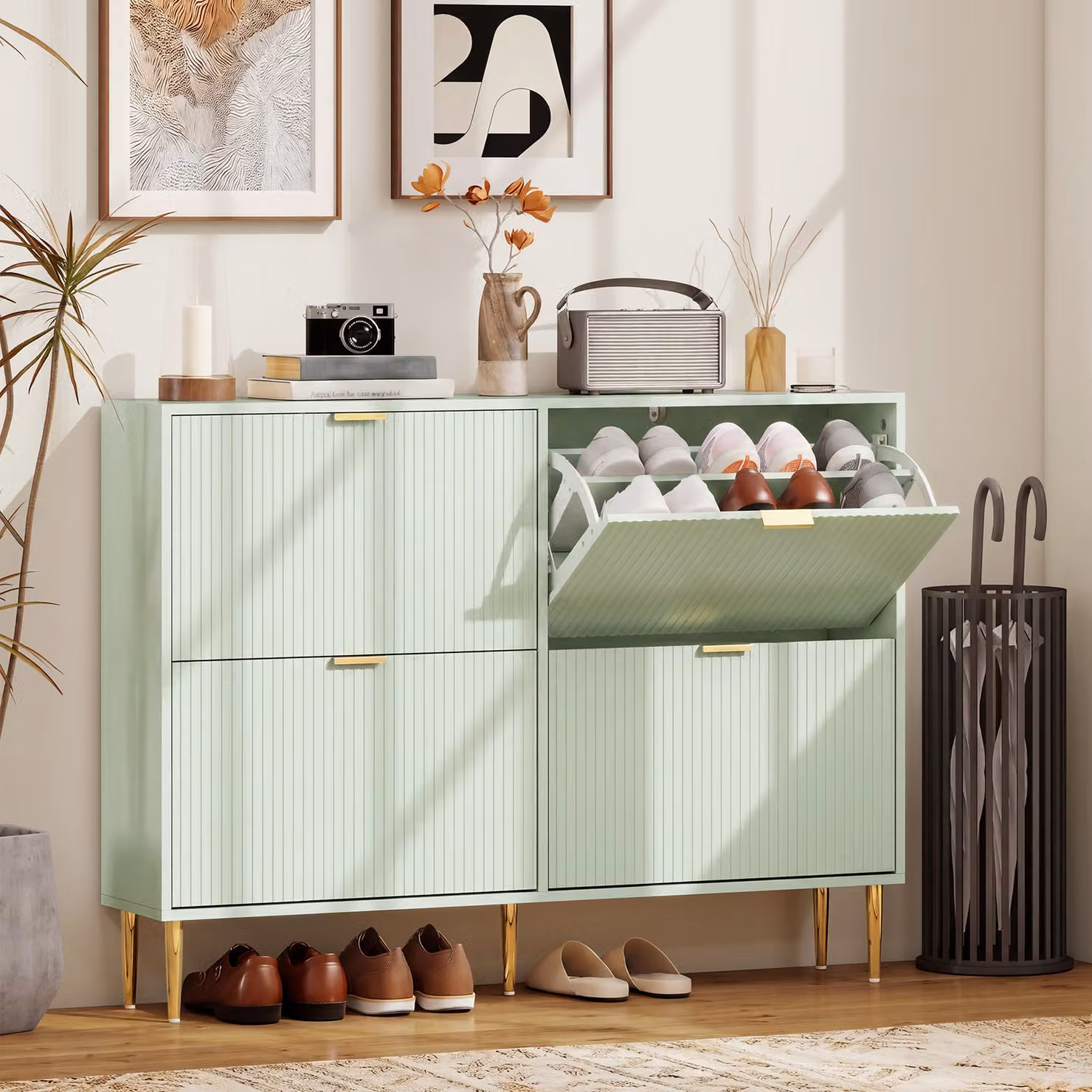 HOMCOM Modern Green and Gold Four-Drawer Shoe Cabinet with Tilting Compartments and Internal Shelves, H 105.0 x W 91.5 x D 15.0 cm – 2
