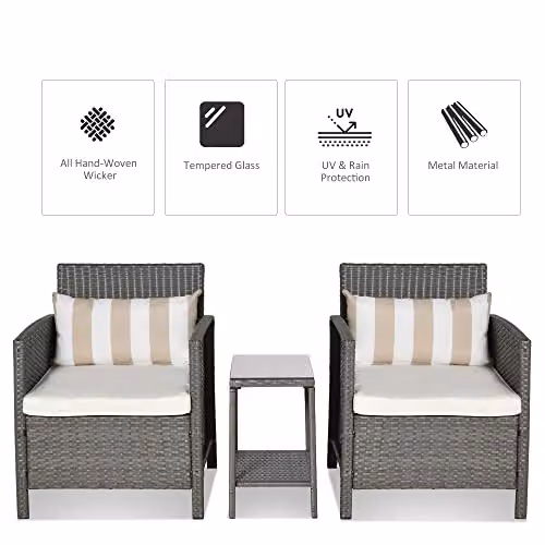 Outsunny 3 Piece Modern Rattan Outdoor Sofa Set with Lounge Armchairs, Coffee Table and Striped Cushions in Grey – 3
